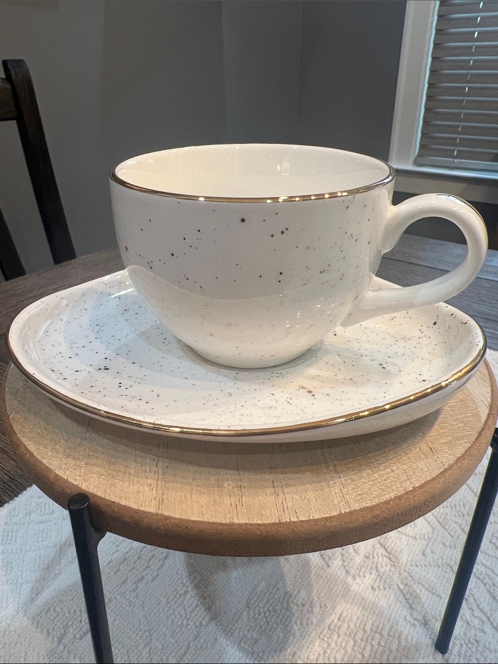 Mimi Premium Collection White Porcelain Speckled Gold Trimmed Cup and Saucer